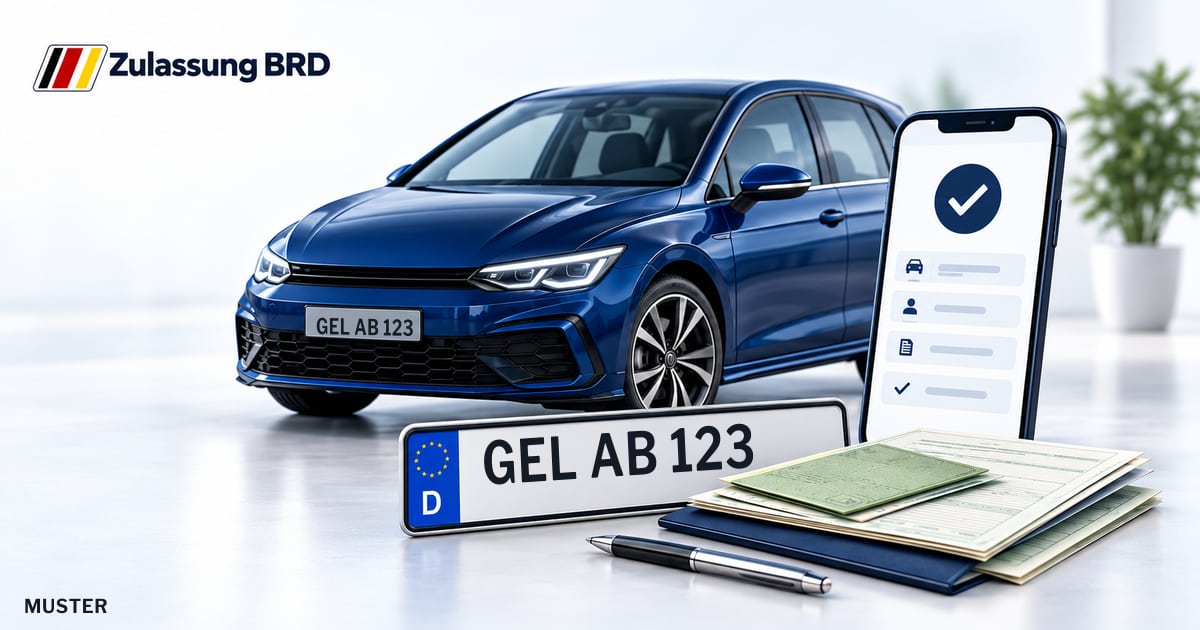 Online Fahrzeugzulassung in Emmerich am Rhein: Musterkennzeichen GEL AB 123, Auto und Fahrzeugpapiere und Smartphone. Illustration mit Logo von Zulassung BRD.